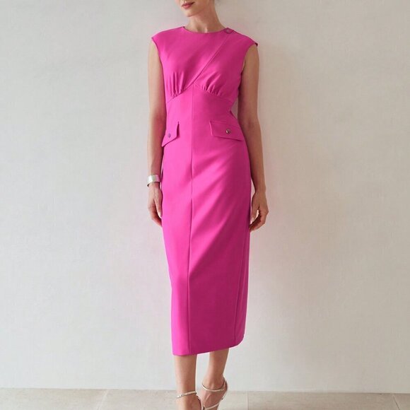 Hot Pink Elegant Women's Flap Detail Split Hem Cap Sleeve Dress - Picture 3 of 7